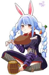  1girl :t animal_ear_fluff animal_ears blue_hair blush boned_meat bow braid carrot_hair_ornament closed_mouth commentary_request cosplay eating food food-themed_hair_ornament full_body hair_bow hair_ornament highres holding holding_food hololive kiritoma looking_at_viewer meat monster_hunter_(series) motion_lines multicolored_hair nargacuga_(armor) rabbit_ears signature simple_background sitting solo tankard twin_braids twintails two-tone_hair usada_pekora virtual_youtuber wavy_mouth white_background white_bow white_hair 