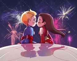  0yongyong0tata 2girls animification armor avengers_(series) back bare_shoulders blonde_hair blue_border blue_eyes blush border breasts brown_hair captain_america closed_eyes fireworks floating_hair full_armor gauntlets genderswap genderswap_(mtf) gloves gradient_sky imminent_kiss iron_man long_hair looking_at_another marvel medium_breasts multicolored_armor multiple_girls night night_sky open_mouth outdoors power_armor purple_sky red_armor red_gloves shadow short_hair sitting sky steve_rogers superhero_costume tony_stark vertical-striped_bodysuit very_short_hair yellow_armor yuri 