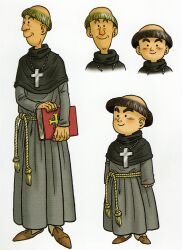  2boys absurdres balding black_hair blonde_hair book character_request cross cross_necklace dragon_quest dragon_quest_viii full_body grey_robe height_difference highres holding holding_book jewelry male_focus monk multiple_boys multiple_views necklace official_art reference_sheet robe scan scan_artifacts smile third-party_source toriyama_akira white_background 