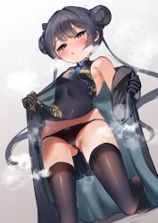1girl :o absurdres bare_shoulders black_dress black_panties black_thighhighs blue_archive blush bow bow_panties braid braided_bun breasts cameltoe china_dress chinese_clothes clothes_lift coat covered_navel double_bun dragon_print dress gloves grey_coat grey_eyes hair_bun half-closed_eyes highres kisaki_(blue_archive) kneeling lifting_own_clothes loli long_hair looking_at_viewer mashiropp panties partially_visible_vulva pelvic_curtain pelvic_curtain_lift print_dress sleeveless sleeveless_dress small_breasts solo steaming_body sweat thighhighs twintails underwear undressing rating:Sensitive score:55 user:danbooru