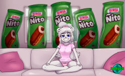  1girl animal_ears artist_name bear_ears bimbo_(brand) blue_eyes breasts chef_hat commentary_request couch furry furry_female genderswap genderswap_(mtf) grin hat highres indian_style joruze medium_breasts meme osito_bimbo panties pillow pink_panties pink_shirt piper_perri_surrounded_(meme) shirt sitting smile spanish_commentary underwear watermark white_hair window 