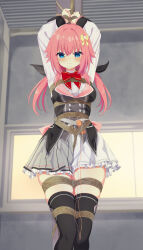  1girl absurdres arms_up bdsm between_legs between_thighs black_bow black_bowtie black_thighhighs black_vest blue_eyes blush bondage bound bound_arms bound_legs bound_torso bow bowtie breasts cleavage clenched_hand clenched_hands clothes_lift collared_shirt commission crotch_rope crying crying_with_eyes_open embarrassed female_focus grey_skirt hair_between_eyes hair_bow hair_ornament hamidashi_creative hamuta_(machosbrown) highres indoors jacket large_breasts layered_skirt long_hair long_sleeves looking_ahead looking_at_viewer looking_down open_clothes open_jacket open_shirt pink_hair pleated_skirt red_bow red_bowtie sex_toy shirt sidelocks skeb_commission skin_tight skindentation skirt skirt_lift solo tearing_up tears thighhighs thighs tokiwa_kano twintails vest vibrator vibrator_cord vibrator_under_clothes white_shirt window yellow_bow yellow_bowtie 