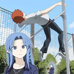  1boy 1girl alternate_universe blue_sky braid commission contemporary emiya_shirou fate/stay_night fate_(series) medea_(caster)_(fate) medea_(fate) orange_hair playing_sports rasupekuto red_hair school_uniform second-party_source sky 