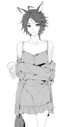  1girl ahoge animal_ears bare_shoulders breasts chemise cleavage closed_mouth collarbone cowboy_shot crossed_arms cup ear_ornament fuji_kiseki_(umamusume) greyscale highres holding holding_cup horse_ears horse_girl horse_tail jacket looking_at_viewer monochrome off_shoulder small_breasts smile solo split_mouth straight-on tail umamusume zn242878163 