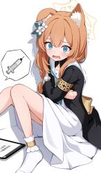  1girl absurdres animal_ear_fluff animal_ears black_jacket blue_archive blue_eyes blue_neckerchief blush braid cat_ears cat_girl crossed_arms dress flower hair_between_eyes hair_flower hair_ornament halo highres jacket long_hair looking_at_viewer mari_(blue_archive) neckerchief no_shoes open_mouth orange_hair sailor_collar shijima_(shijima_tc) single_braid socks solo syringe tears trembling white_dress white_flower white_sailor_collar white_socks yellow_halo 