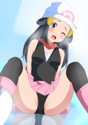  1girl ;o absurdres accidental_exposure beanie black_eyes black_hair black_panties black_shirt black_thighhighs blush boots breasts cameltoe commentary dawn_(pokemon) embarrassed english_commentary fallen_down female_focus hair_ornament hat highres ice kisaragi_setsu_(mssk8485) miniskirt nintendo one_eye_closed open_mouth over-kneehighs paid_reward_available panties pantyshot partially_visible_vulva pink_boots pink_skirt pleated_skirt pokemon pokemon_dppt red_scarf reflection scarf shirt sitting skirt sleeveless sleeveless_shirt small_breasts solo teeth thighhighs thighs underwear upper_teeth_only white_hat 