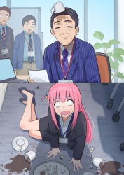  1girl 3boys absurdres black_hair black_skirt bocchi_the_rock! coffee coffee_mug cup drinking_glass formal_clothes gotoh_hitori hanagamigendai highres holding holding_cup long_hair mug multiple_boys necktie office_lady open_mouth pink_hair plant saucer sitting skirt spill suit teacup teapot 