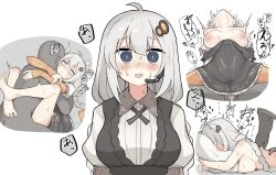 1boy 1girl ahoge az84997592 barefoot black_dress blue_eyes blush breasts clothed_sex clothes_pull dress dress_pull face_in_pillow grey_hair hair_ornament hetero highres kizuna_akari large_breasts leg_lock long_hair looking_at_viewer lying multiple_views nipples on_back on_stomach open_mouth pillow sex speech_bubble voiceroid white_background 