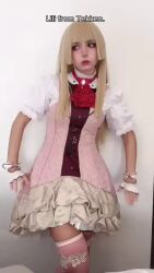  1girl animated blonde_hair boots breasts cosplay crossed_arms dress emilie_de_rochefort emilie_de_rochefort_(cosplay) fingerless_gloves gloves himeecosplay long_hair looking_at_viewer real_life short_sleeves tagme tekken tekken_8 video 