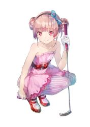  1girl atelier_(series) atelier_lydie_&amp;_suelle bare_shoulders belt blue_ribbon breasts closed_mouth commentary_request double_bun dress full_body golf_club hair_bun hair_ribbon hairband holding holding_golf_club looking_at_viewer lydie_malen minna_no_golf official_alternate_costume official_art pink_dress pink_eyes pink_hair red_belt red_shoes ribbon second-party_source shoes short_hair simple_background small_breasts smile solo squatting strapless strapless_dress white_background 