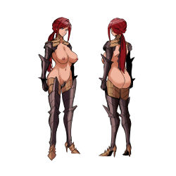  1girl armor armored_boots ass boots breasts collarbone commentary concept_art corruption gauntlets greaves grey_eyes high_heel_boots high_heels knight large_breasts living_armor long_hair monster monster_girl navel nipples original pauldrons ponytail possessed red_hair shoulder_armor thigh_boots thighs transformation uns_(sdsxsoverlord) 