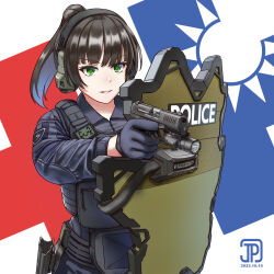  1girl artist_name ballistic_shield blue_gloves blue_pants brown_hair dated flashlight gloves green_eyes gun handgun highres jpc military_police original pants police police_uniform republic_of_china_flag shield smile solo uwu walther walther_p99 weapon 