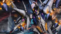  absurdres artist_request battle beam_rifle copyright_logo energy_gun explosion flying funnels_(gundam) gundam gundam_battle_operation_2 gundam_hathaway&#039;s_flash highres machinery mecha mecha_focus mobile_suit no_humans ocean penelope_(hathaway&#039;s_flash) purple_eyes realistic robot science_fiction shield sunrise_(company) thrusters v-fin water weapon 