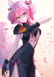  1girl animal_ear_fluff animal_ears black_dress black_gloves breasts china_dress chinese_clothes clothing_cutout commentary contrapposto cowboy_shot double_bun dress falling_petals fate/grand_order fate_(series) folding_fan fox_cutout fox_ears fox_girl fox_tail glasses gloves grey-framed_eyewear hair_between_eyes hair_bun hair_ribbon hand_fan highres holding holding_fan koyanskaya_(chinese_lostbelt_outfit)_(fate) koyanskaya_(fate) large_breasts looking_at_viewer may9 parted_lips petals pink_hair ribbon side_slit sleeveless sleeveless_dress solo tail tamamo_(fate) tassel underboob underboob_cutout yellow_eyes 