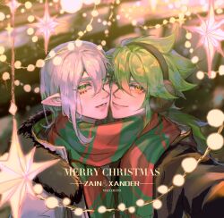  2boys alternate_costume aotu_world bishounen black_jacket blurry blurry_background cheek-to-cheek chinese_commentary christmas christmas_lights coat earmuffs english_text fur-trimmed_coat fur_trim green_eyes green_hair green_scarf hair_between_eyes heads_together highres jacket long_hair looking_at_viewer low_ponytail macchiato_bi_guanzhong male_focus merry_christmas multicolored_eyes multicolored_scarf multiple_boys one_eye_closed open_mouth parted_lips pointy_ears pointy_hair ponytail reaching reaching_towards_viewer red_eyes red_scarf scarf shared_clothes shared_scarf short_hair smile star_(symbol) striped_clothes striped_scarf upper_body white_coat white_hair xander_(aotu_world) yaoi yellow_eyes zain_(aotu_world) 