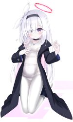 1girl black_choker black_coat black_eyes black_hairband blue_archive blue_pupils blush braid breasts choker coat colored_inner_hair commentary_request covered_navel hair_ornament hair_over_one_eye hairband halo highres langley1000 loli long_hair long_sleeves looking_at_viewer md5_mismatch mismatched_pupils multicolored_hair old_school_swimsuit one-piece_swimsuit pantyhose pantyhose_under_swimsuit pink_hair plana_(blue_archive) red_halo red_pupils revision ribbon school_swimsuit school_swimsuit_flap single_braid small_breasts solo swimsuit white_hair white_one-piece_swimsuit white_pantyhose white_ribbon 