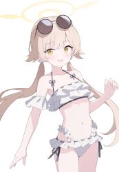 1girl :d absurdres bare_shoulders bikini blue_archive brown_hair collarbone commentary_request cowboy_shot eyewear_on_head female_focus flat_chest frilled_bikini frills halo hand_up hifumi_(blue_archive) hifumi_(swimsuit)_(blue_archive) highres jyt light_brown_hair loli long_hair looking_at_viewer low_twintails navel official_alternate_costume open_mouth ribbon-trimmed_bikini ribbon_trim round_eyewear simple_background smile solo standing sunglasses swimsuit twintails very_long_hair white_background white_bikini yellow_eyes yellow_halo rating:Sensitive score:58 user:danbooru