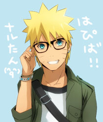  1boy blonde_hair blue_eyes bracelet earrings facial_mark fusion-s glasses grin jewelry looking_at_viewer lowres male_focus naruto_(classic) naruto_(series) smile solo uzumaki_naruto 
