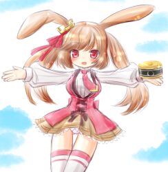  akino_sakura animal_ears brown_hair brown_skirt can cinamon_alma crown emil_chronicle_online holding holding_can long_hair necktie open_mouth outstretched_arms panties pantyshot pink_panties rabbit_ears rabbit_girl red_eyes red_necktie shirt skirt sleeveless sleeveless_jacket twintails two-tone_thighhighs underwear white_shirt 