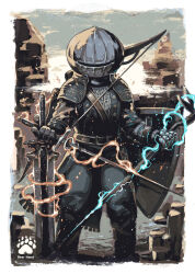 1other armor artist_logo belt blue_sky border bow_(weapon) breastplate brown_background buckle character_request circle_name cloud commentary_request dagger day facing_viewer feet_out_of_frame gauntlets glowing glowing_weapon greatsword grey_pants helmet holding holding_staff holding_sword holding_weapon ireading knife light_particles logo magic multiple_weapons original outdoors pants rapier shield shoulder_armor sky solo staff standing strap sword weapon white_border rating:General score:5 user:danbooru