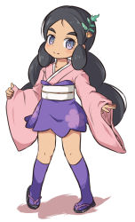  1girl black_hair black_sandals blush closed_mouth colored_shadow cosplay dark-skinned_female dark_skin female_focus full_body furisode_girl_(pokemon) furisode_girl_(pokemon)_(cosplay) furisode_girl_blossom furisode_girl_shione furisode_girl_shione_(cosplay) hair_ornament hapu_(pokemon) high-waist_skirt island_kahuna japanese_clothes kimono kneehighs long_hair long_sleeves low_twintails nekono_rin nintendo parted_bangs pink_kimono pokemon pokemon_sm purple_eyes purple_skirt purple_socks sandals shadow skirt sleeves_past_wrists smile socks solo standing thick_eyebrows twintails very_long_hair white_background wide_sleeves zouri 