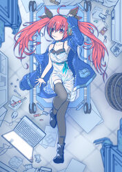 1girl absurdres adjustable_wrench ahoge black_boots black_thighhighs blue_jacket bolt_(hardware) boots bow breasts combination_wrench computer computer_mouse date_a_live dress gears hair_bow headphones highres indoors itsuka_kotori jacket laptop lying nut_(hardware) pen pliers pocket red_eyes red_hair screwdriver see-through_clothes see-through_dress short_dress small_breasts solo thighhighs tools twintails user_fwcw3447 wrench zipper rating:Sensitive score:4 user:danbooru