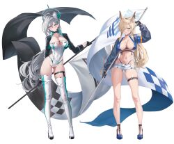  2girls absurdres alter_(kxk7357) alternate_costume animal_ear_fluff animal_ears black_choker black_gloves black_panties blonde_hair blue_archive blue_bra blue_eyes blue_flag blue_halo blue_shorts blush boots bra breasts choker cleavage closed_mouth commentary cross_hair_ornament denim denim_shorts dog_ears dog_girl english_commentary flag full_body gloves green_eyes grey_hair hair_between_eyes hair_ornament hair_over_one_eye halo highleg highleg_panties highres holding holding_flag kanna_(blue_archive) large_breasts leotard long_hair long_sleeves looking_at_viewer multiple_girls panties panty_straps race_queen shiroko_(blue_archive) shiroko_terror_(blue_archive) short_shorts shorts standing strapless strapless_leotard thigh_boots thigh_strap thighs traffic_cone underwear very_long_hair white_background white_boots white_leotard wolf_ears zoom_layer 