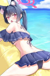  1girl :o absurdres animal_ear_fluff animal_ears ass back banana_boat bare_shoulders bikini black_bikini blue_archive blue_ribbon blush breasts cat_ears cat_girl clenched_hand commentary cowboy_shot day dutch_angle embarrassed extra_ears fang frilled_bikini frills from_behind fujiwara_haru_(nekonote) furrowed_brow hair_between_eyes hair_intakes hair_ribbon halo highres long_hair looking_at_viewer looking_back lying ocean off-shoulder_bikini off_shoulder official_alternate_costume on_stomach open_mouth outdoors pink_halo red_eyes red_pupils ribbon serika_(blue_archive) serika_(swimsuit)_(blue_archive) sidelocks skin_fang skindentation slit_pupils small_breasts solo spread_legs straight_hair swimsuit tsurime twintails 