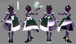  1girl animal_ears breasts brown_hair color_guide detached_sleeves dress frilled_wrist_cuffs frills glow-in-the-dark gradient_clothes gradient_dress green_dress green_eyes green_shoes grey_background hat high_heels highres holographic_clothing indie_virtual_youtuber iridescent kneehighs large_breasts layered_skirt meotashi multiple_views naplings_(nimi_nightmare) nimi_nightmare nurse_cap official_alternate_color official_alternate_costume official_art one_side_up outstretched_arm overskirt pleated_skirt puffy_detached_sleeves puffy_sleeves reference_sheet see-through_clothes see-through_skirt shoes simple_background single_kneehigh single_sock skirt socks standing strappy_heels tapir_ears tapir_girl turnaround two-tone_dress virtual_youtuber white_dress wrist_cuffs 