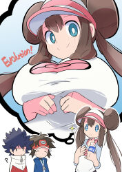  1girl 2boys :&lt; ? ^_^ alternate_breast_size blue_eyes blue_hair blue_jacket blue_shirt bottle breast_expansion breast_focus breast_lift breasts brown_hair closed_eyes closed_mouth commentary_request donut_hair_bun double_bun english_text hair_bun hands_on_own_chest highres holding holding_bottle hugh_(pokemon) imagining jacket large_breasts long_hair looking_at_another looking_at_viewer milk_bottle multicolored_jacket multiple_boys nate_(pokemon) nintendo pantyhose parted_lips poke_ball_print pokemon pokemon_bw2 print_shirt rascal_(feuille) red_jacket rosa_(pokemon) shirt short_hair sidelocks small_sweatdrop smile solo_focus sparkle sparkling_eyes speech_bubble spiked_hair standing thought_bubble twintails two-tone_jacket two-tone_shirt visor_cap white_background white_jacket white_shirt zipper zipper_pull_tab 