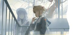 2girls antenna_hair black_shirt brown_hair cardcaptor_sakura cherry_blossoms commentary daidouji_tomoyo hair_bobbles hair_ornament hat highres indoors kakiradio kinomoto_sakura long_hair multiple_girls open_mouth outdoors purple_hair sailor_collar school_uniform shirt short_hair tomoeda_elementary_school_uniform tomoeda_middle_school_uniform tree white_hat window 