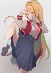  1girl blonde_hair danmari_n_su eyes_visible_through_hair green_hair hair_over_one_eye highres jacket letterman_jacket long_hair looking_at_viewer multicolored_hair nikaidou_saki orange_hair ponytail skirt solo streaked_hair zombie_land_saga 