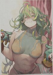  1girl :3 bare_shoulders boku_no_hero_academia bra breasts deku&#039;s_photo_of_hagakure_toru gloves green_hair hagakure_toru highres horikoshi_kouhei large_breasts long_hair mature_female messy_hair naughty_face navel official_alternate_costume panties photo_(medium) pointing pointing_at_self polaroid_photo smile solo stomach third-party_source underwear very_long_hair 