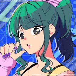  1girl bra_strap close-up fujii_tomo gamo green_hair highres idolmaster idolmaster_cinderella_girls looking_at_viewer off_shoulder open_mouth ponytail portrait purple_nails sidelocks solo star-shaped_pupils star_(symbol) symbol-shaped_pupils 