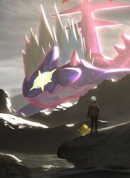 backpack bag closed_mouth cloud cloudy_sky commentary_request from_behind gen_1_pokemon gen_8_pokemon gigantamax gigantamax_toxtricity gloria_(pokemon) green_hat hat highres nintendo otsumami_(bu-bu-heaven) outdoors pokemon pokemon_(creature) pokemon_focus pokemon_swsh pom_pom_(clothes) psyduck sky standing tam_o&#039;_shanter toxtricity