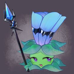  :3 :d blue_flower commentary commission diamond_(shape) diamond_in_eye english_commentary flower flower_focus grey_background halftone highres holding holding_staff leaf looking_at_viewer moonflower_(plants_vs._zombies) no_humans no_nose no_sclera open_mouth plants_vs._zombies plants_vs._zombies_2 purple_eyes reoghostreo sideways_glance simple_background smile solo staff tongue watermark 