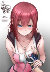  1boy 1girl absurdres blue_eyes blush breasts chibi cleavage closed_mouth dress fingerless_gloves full-face_blush game_over gloves grabbing_another&#039;s_breast groping guided_breast_grab guiding_hand hair_between_eyes highres jewelry kairi_(kingdom_hearts) kingdom_hearts kingdom_hearts_ii long_hair necklace red_hair short_hair sleeveless smile sora_(kingdom_hearts) spiked_hair stubox15 