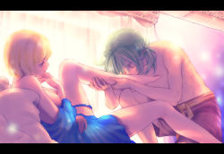 00s 1boy 1girl ashihara_chihiro bare_shoulders barefoot bed blonde_hair blue_eyes breasts clothes_pull couple curtains dress dress_pull feet foot_worship futsuhiko green_hair harukanaru_toki_no_naka_de harukanaru_toki_no_naka_de_4 hetero holding_another&#039;s_foot jewelry kiske kiss kissing_foot kneeling leg_lift legs letterboxed lying on_back short_hair thighlet rating:Questionable score:55 user:danbooru