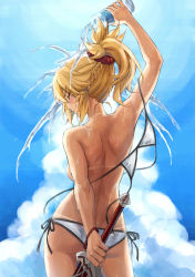 1girl alternate_breast_size arm_behind_back arm_up arms_up ass back bare_back bikini bikini_tan blonde_hair blue_sky blush bottle bracelet braid breasts clarent_(fate) closed_eyes closed_mouth cloud day fate/apocrypha fate_(series) female_focus from_behind hair_ornament hair_scrunchie half_up_braid highres holding holding_bottle holding_sword holding_weapon jewelry long_hair medium_breasts mordred_(fate) mordred_(fate/apocrypha) ponytail pouring pouring_onto_self red_scrunchie scrunchie shoulder_blades side-tie_bikini_bottom sideboob sidelocks sky smile solo standing string_bikini swimsuit sword tan tanline thighs tonee topless_female undressing unworn_bikini_top v-shaped_eyebrows water water_bottle weapon wet white_bikini rating:Questionable score:71 user:danbooru