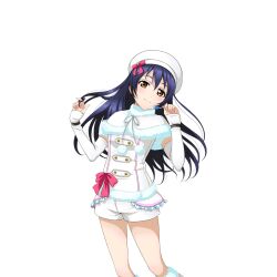  1girl blue_hair blush cape closed_mouth cowboy_shot detached_sleeves frilled_shirt frills fur_cape fur_shirt hands_up hat headset long_hair looking_at_viewer love_live! love_live!_school_idol_festival love_live!_school_idol_project official_art pink_ribbon ribbon shirt shorts smile snow_halation solo sonoda_umi transparent_background twirling_hair white_hat white_shirt white_shorts yellow_eyes 