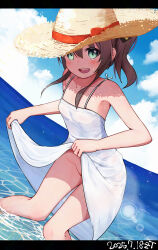  1girl absurdres breasts brown_hair clothes_lift dated dress dress_lift green_eyes groin hat highres hololive lifting_own_clothes looking_at_viewer natsuiro_matsuri no_panties ocean ontake2009 open_mouth outdoors side_ponytail small_breasts solo spaghetti_strap straw_hat sundress teeth upper_teeth_only virtual_youtuber wading white_dress 