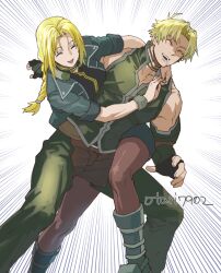  1boy 1girl blonde_hair braid breasts brown_pantyhose cliff_fittir feet_out_of_frame fingerless_gloves gloves indesign long_hair mirage_koas open_mouth pantyhose simple_background single_braid smile star_ocean star_ocean_till_the_end_of_time white_background 