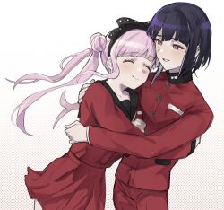  1boy 1girl black_sailor_collar blush brother_and_sister closed_eyes commentary english_commentary highres hug jacket long_hair long_sleeves pink_eyes pink_hair purple_hair red_jacket red_skirt sailor_collar school_uniform serafuku siblings simple_background skirt smile tencryingemojis the_hundred_line_-last_defense_academy- tsukumo_ima tsukumo_kako twintails 