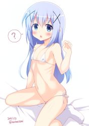 1girl :o ? aoi_masami bikini blue_eyes blue_hair blush breasts dated female_focus gochuumon_wa_usagi_desu_ka? hair_ornament kafuu_chino looking_at_viewer matching_hair/eyes micro_bikini open_mouth ribs simple_background sitting small_breasts socks solo spoken_question_mark swimsuit twitter_username wariza white_background white_bikini white_socks x_hair_ornament rating:Questionable score:32 user:danbooru