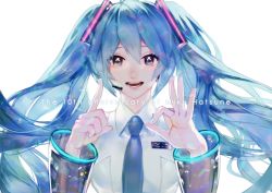  1girl anniversary blue_eyes blue_hair detached_sleeves female_focus floating_hair hatsune_miku headphones headset long_hair looking_at_viewer nail_polish necktie open_mouth otani_(gloria) solo twintails very_long_hair vocaloid  rating:Sensitive score:5 user:Touchtail