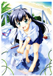 1girl :d absurdres aqua_eyes barefoot beach black_hair blush breasts bucket cleavage day feet female_focus girl&#039;s_avenue greek_toe highres hose legs long_hair megami_magazine open_mouth panties pantyshot puddle reflection shoes skirt smile solo takeya_masami toes underwear unworn_shoes upskirt water wet white_panties rating:Sensitive score:12 user:danbooru