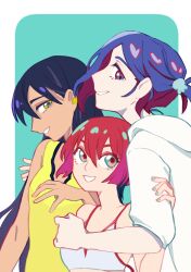  1boy 2girls amate_yuzuriha aqua_background aqua_eyes bikini blue_hair blue_nails colored_inner_hair dark-skinned_female dark_skin ear_cuffs flower gundam gundam_gquuuuuux hair_flower hair_ornament highres hood hoodie long_hair multicolored_hair multiple_girls nyaan_(gundam_gquuuuuux) one-piece_swimsuit open_mouth ponytail profile purple_hair red_eyes red_hair rhelia short_hair shuji_ito simple_background smile summer swimsuit two-tone_hair upper_body yellow_eyes 