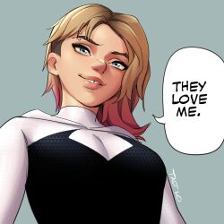  1girl asymmetrical_hair blonde_hair blue_eyes bully_maguire_(meme) english_text eyebrow_piercing face_piercing highres looking_down marvel meme multicolored_hair piercing pink_hair shaved_head sidecut smile solo spider-gwen spider-man:_into_the_spider-verse spider-man_(series) spider-man_3 spider-verse talt_lo undercut 