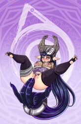  bandaged_leg bandages bare_shoulders blue_hair blush bottomless breasts breasts_out clothes_pull cosplay covered_erect_nipples crown fishnet_top fishnets floating giant_hand hair_over_breasts helmet highres hood hooded_jacket hyuuga_hinata jacket large_breasts legs_up long_hair masturbation midna midna_(cosplay) multicolored_jacket naruto_(series) naruto_shippuuden nintendo nipples no_shoes open_mouth pointy_ears pururart pussy sidelocks spread_legs the_legend_of_zelda the_legend_of_zelda:_twilight_princess thighhighs two-tone_jacket very_long_hair white_eyes wristband 