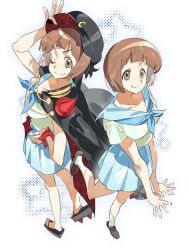  ben-day_dots black_coat black_hat blue_neckerchief blue_sailor_collar blue_skirt bracelet breasts brown_eyes brown_hair brown_shoes coat hat highres jewelry kill_la_kill makakakakaka5 neckerchief okobo one_eye_closed platform_sandals sailor_collar sandals school_uniform screentones shoes short_hair skirt smile socks spiked_bracelet spikes star_(symbol) white_background white_socks 